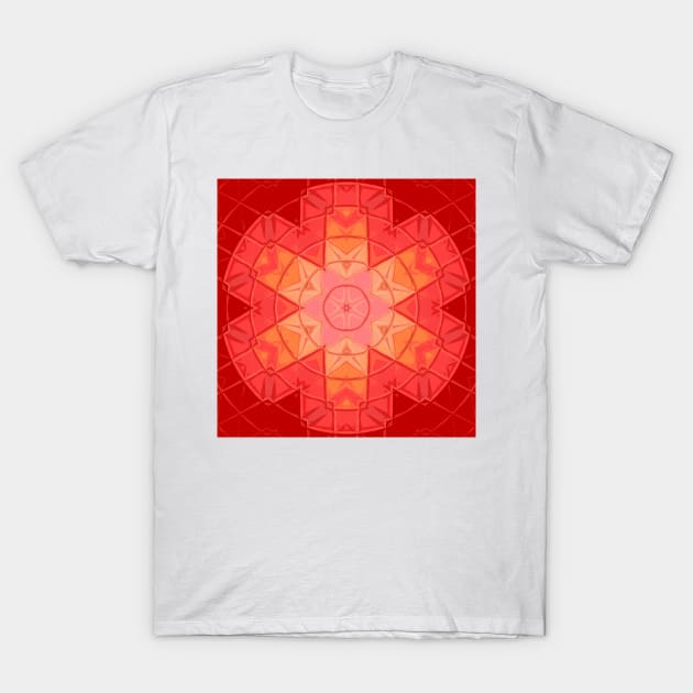 Mosaic Mandala Flower Red and Orange T-Shirt by WormholeOrbital